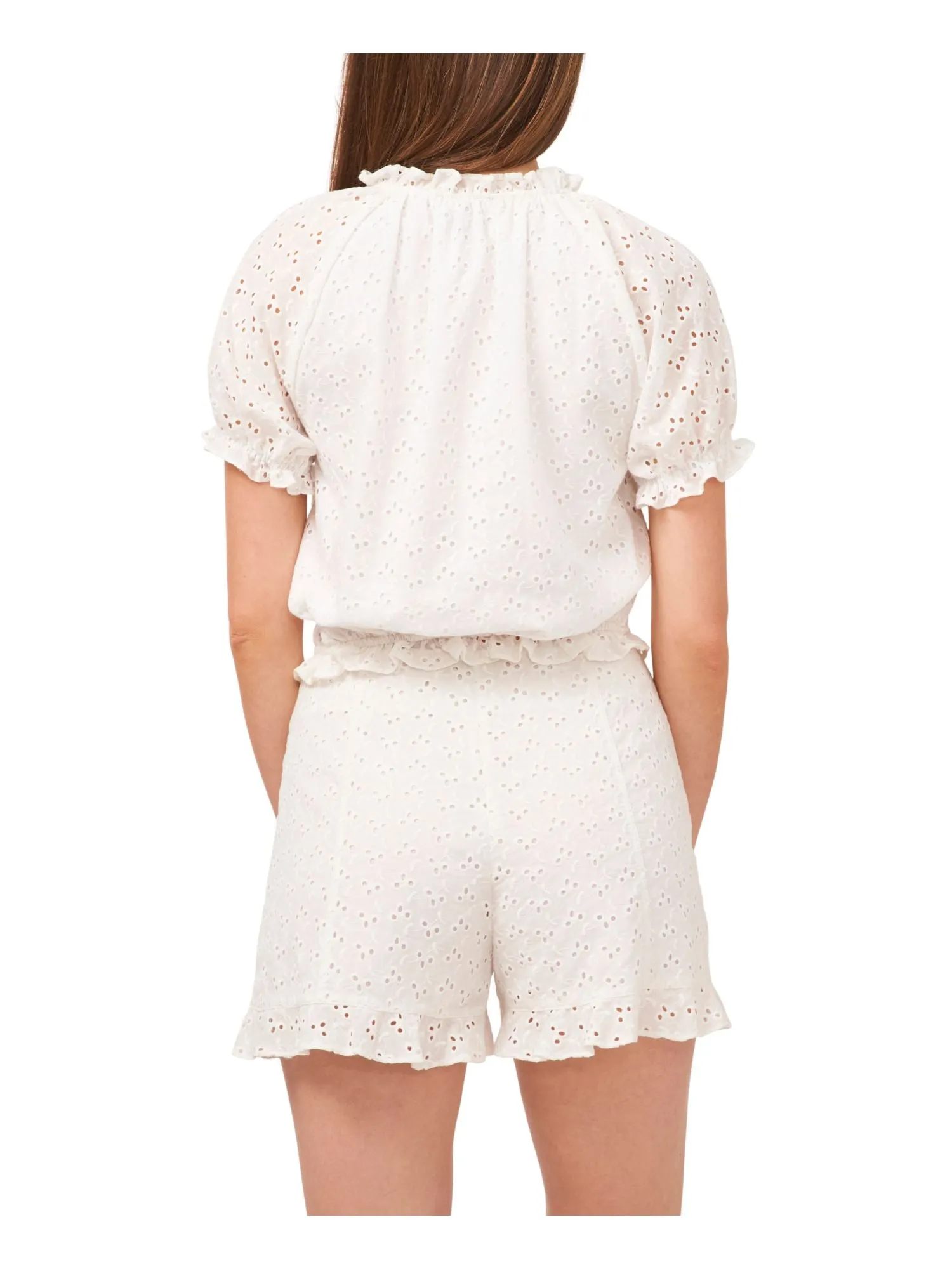 1. STATE Womens White Eyelet Ruffled Lined Tie At Waist Puff Sleeve Raglan Sleeve Round Neck Crop Top