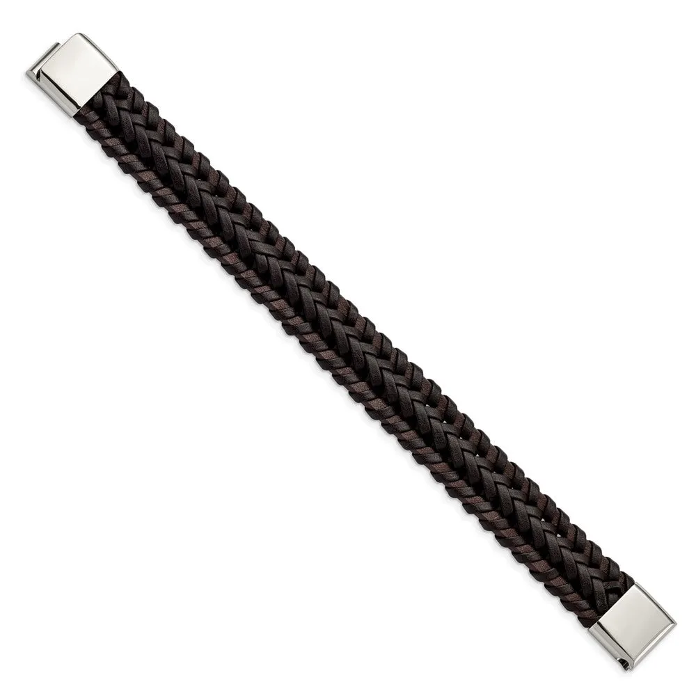 17.5mm Stainless Steel Two Tone Brown Leather Braided Bracelet, 8.5 In