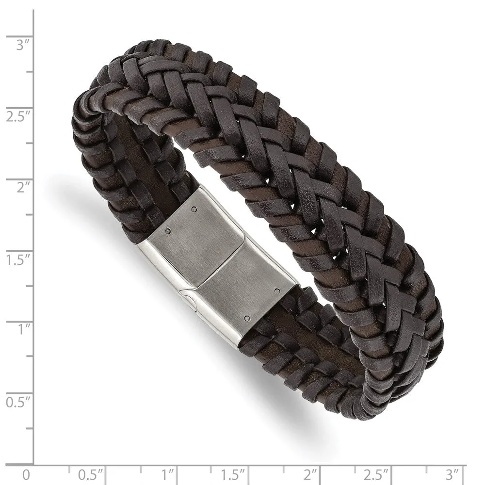 17.5mm Stainless Steel Two Tone Brown Leather Braided Bracelet, 8.5 In