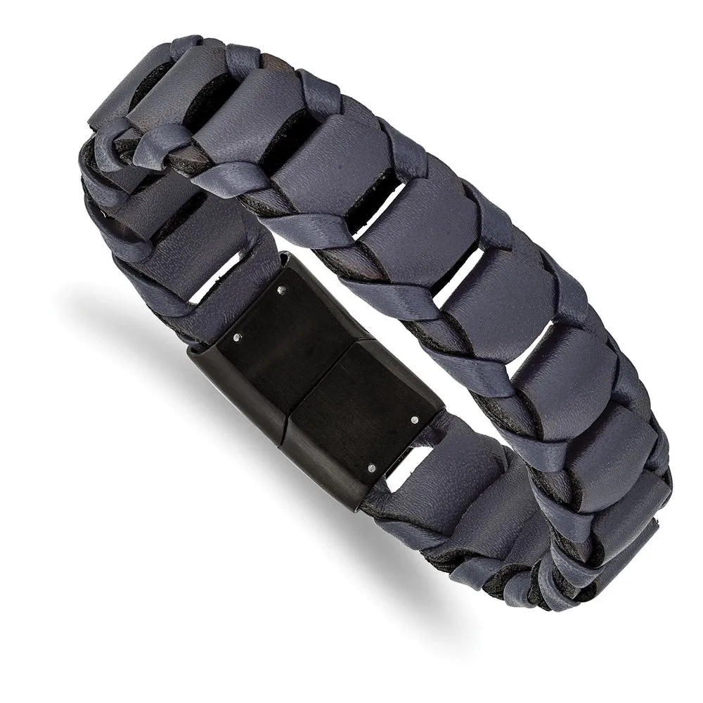 17mm Black Plated Stainless Steel & Navy Blue Leather Bracelet, 8.5 In