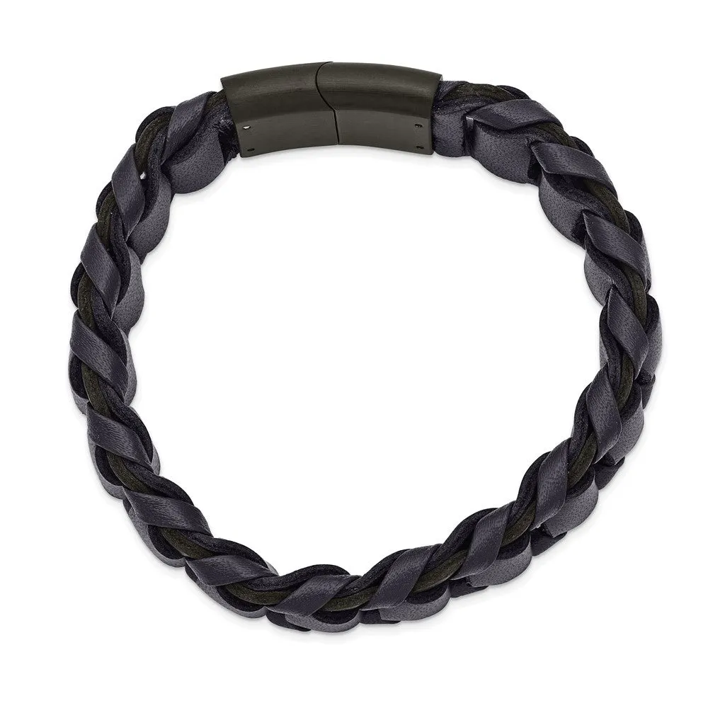 17mm Black Plated Stainless Steel & Navy Blue Leather Bracelet, 8.5 In