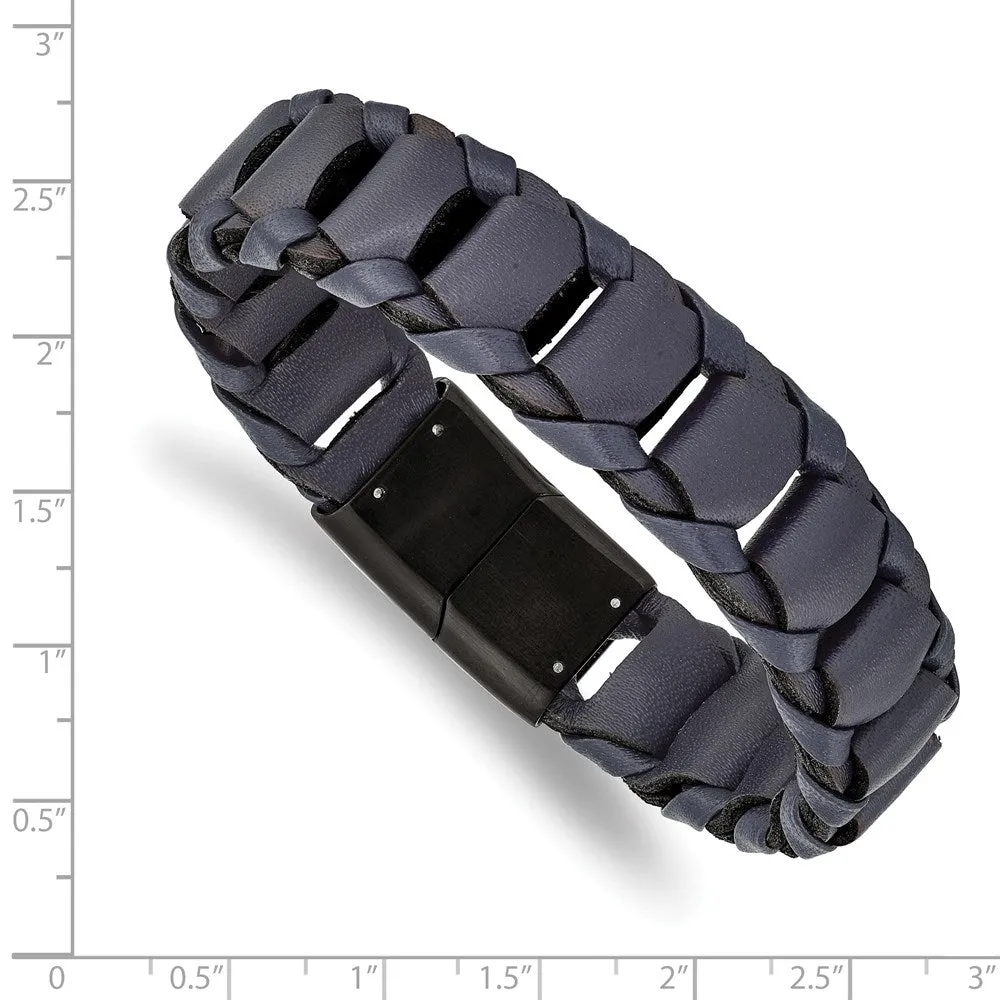 17mm Black Plated Stainless Steel & Navy Blue Leather Bracelet, 8.5 In