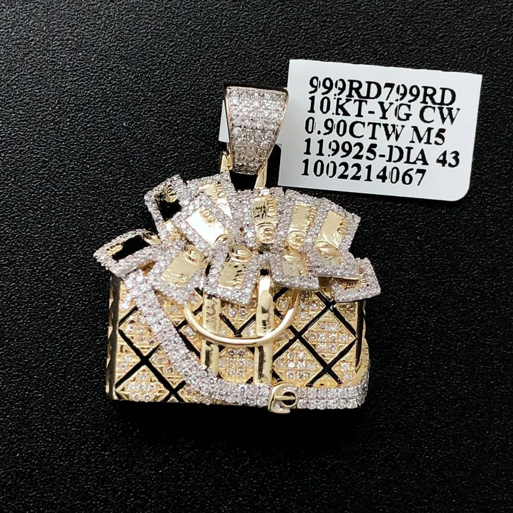 3D Handbag Full Of Money Diamond Pendant .90cttw 10K Yellow Gold