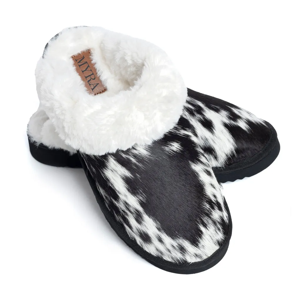 Alamosa Hair-on Hide Lined Slippers in Black & White