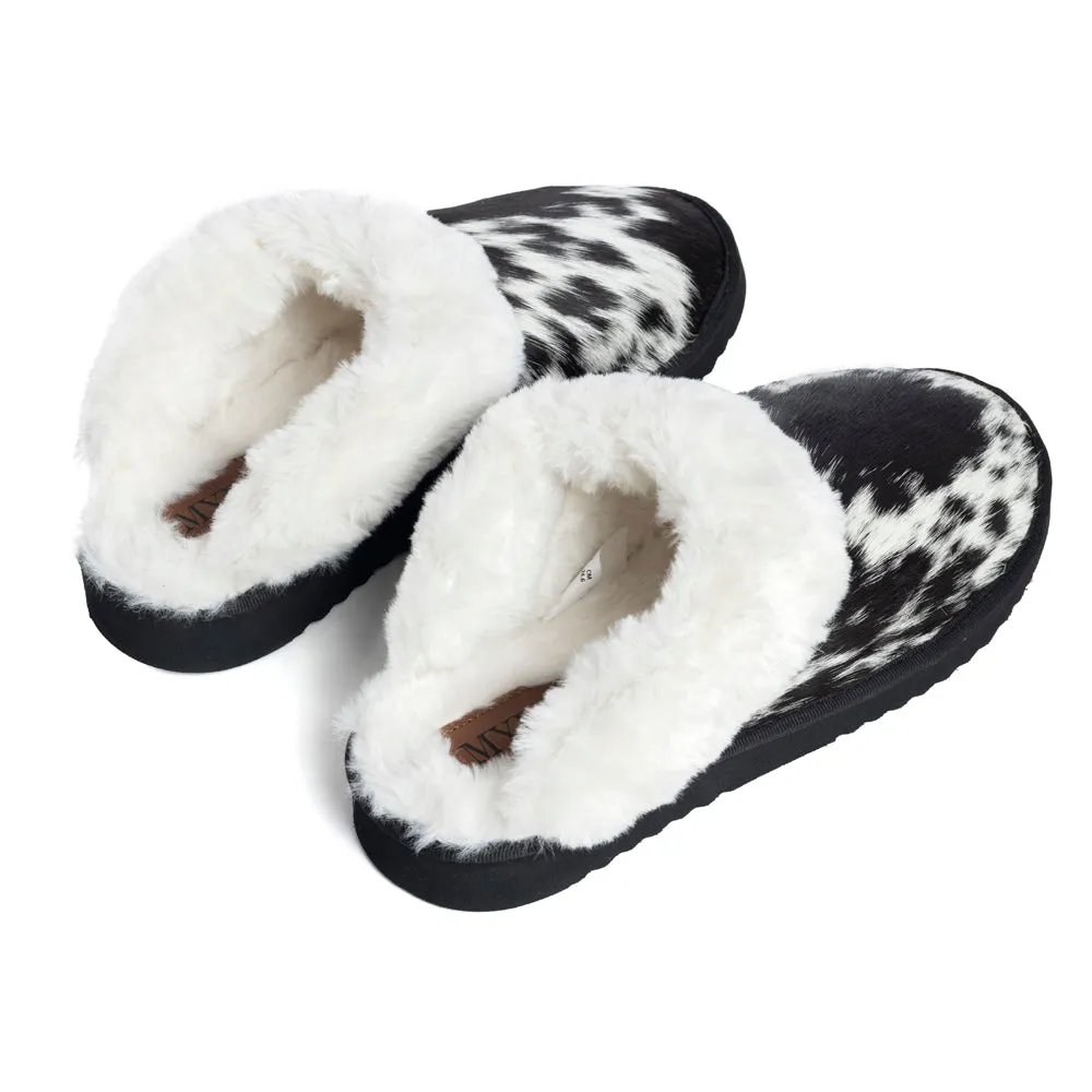 Alamosa Hair-on Hide Lined Slippers in Black & White