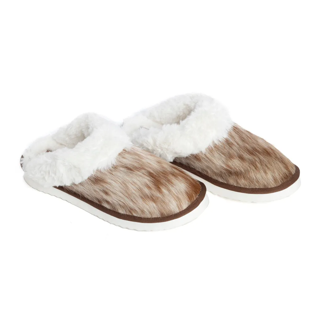 Alamosa Hair-on Hide Lined Slippers in Brown & White