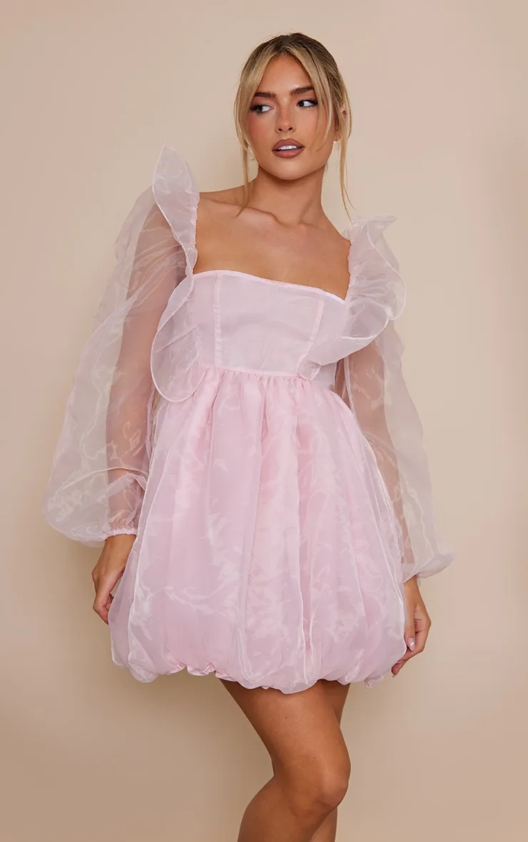 Baby Pink Organza Balloon Sleeve Puffball Dress