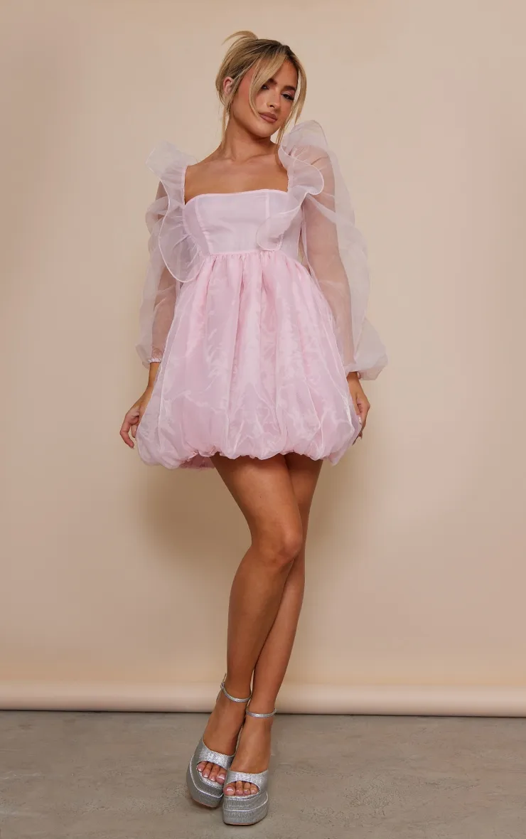 Baby Pink Organza Balloon Sleeve Puffball Dress