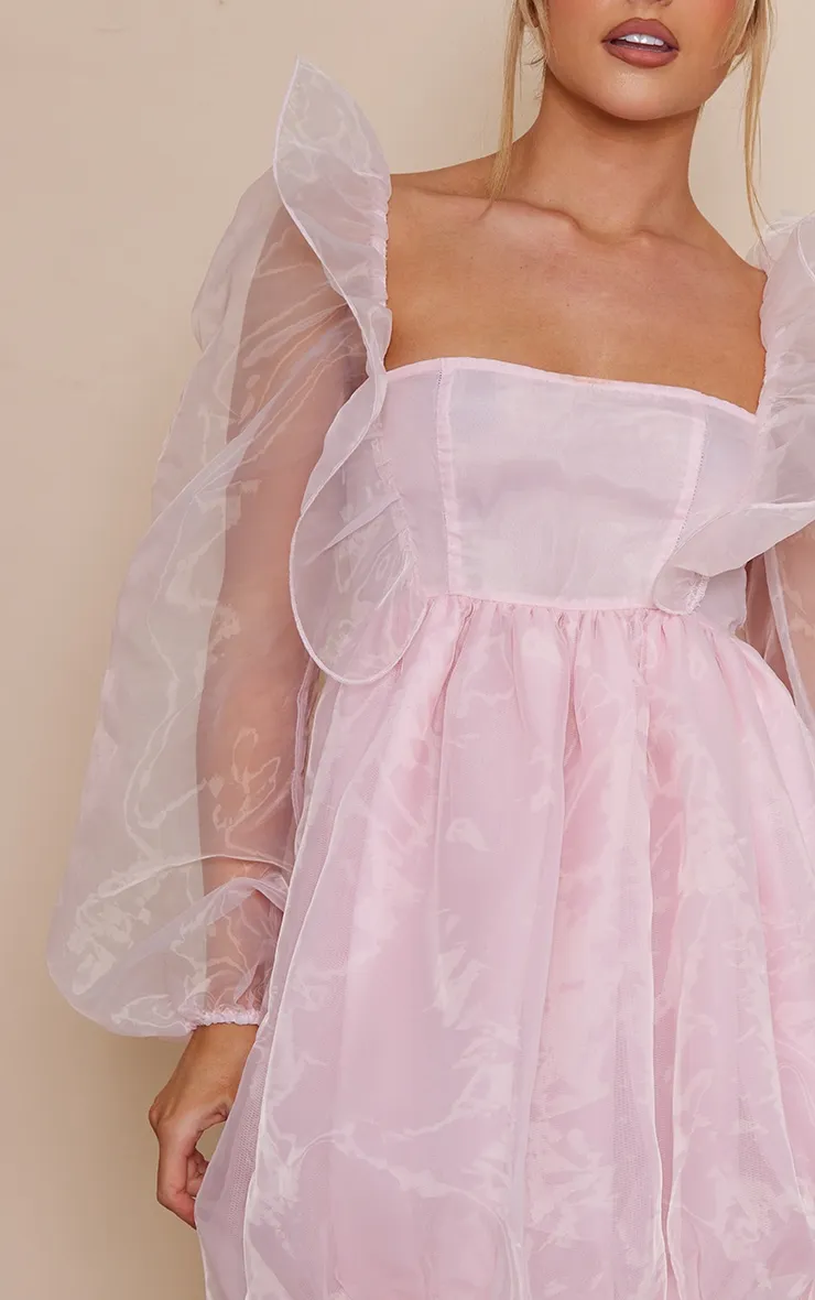 Baby Pink Organza Balloon Sleeve Puffball Dress