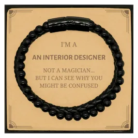 Badass Interior Designer Gifts, I'm Interior Designer not a magician, Sarcastic Stone Leather Bracelets for Interior Designer Bi