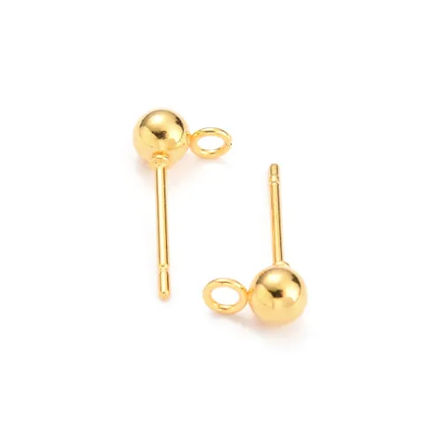 Ball Post Stud Earring Findings, 304 Stainless Steel, With 316 Surgical Stainless Steel Pins And Open Loop, Golden, 15x4mm