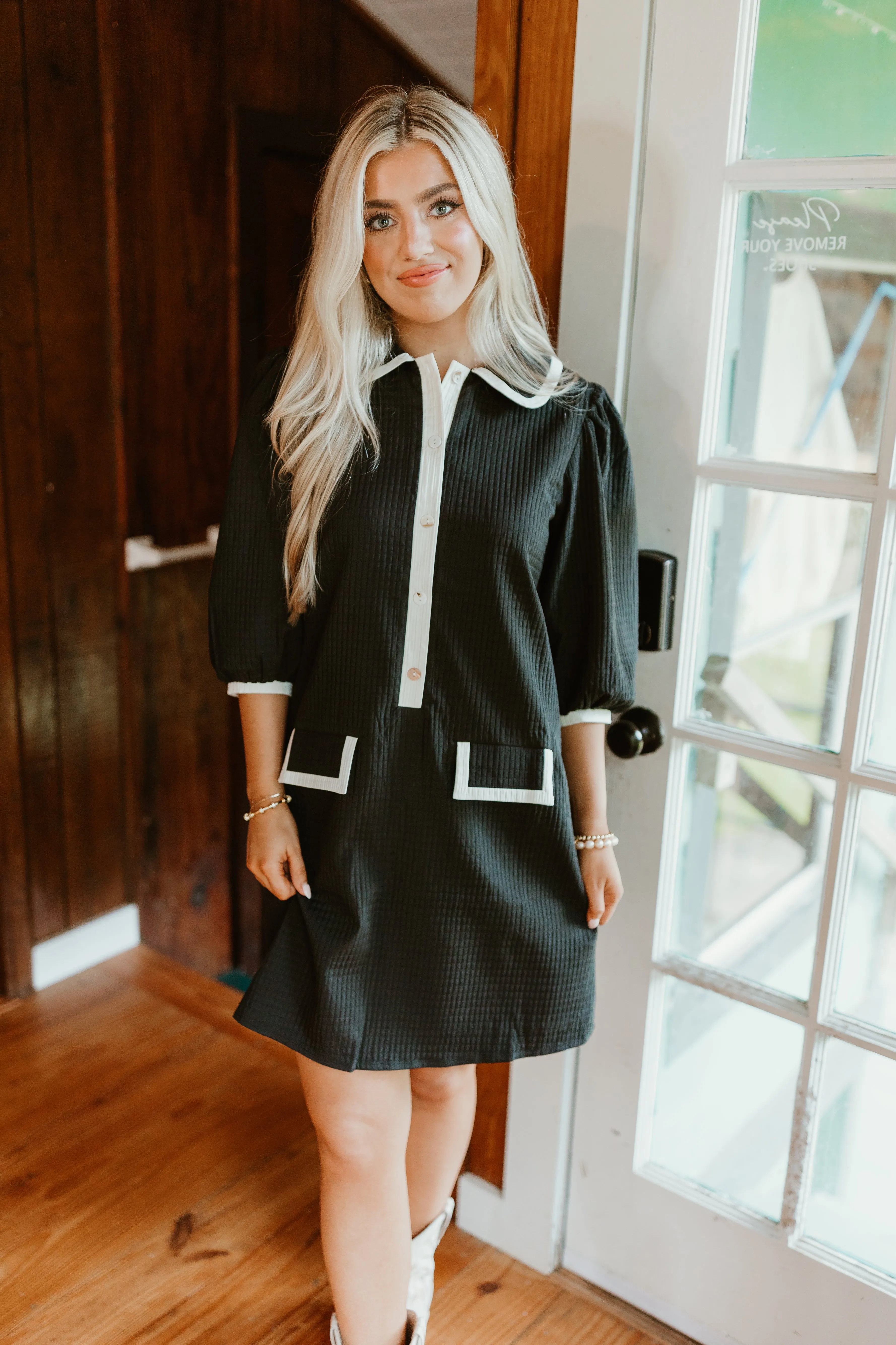 Black Cream Lined Textured Collared Pocket Dress