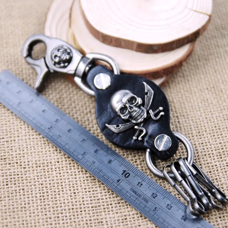 Black Gun Plated Leather Pirate Skull Keychains