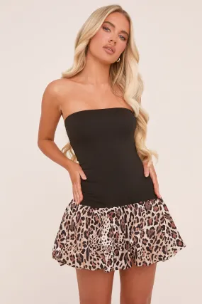 Black Leopard Print Bandeau Puffball Mini Dress - Bianca