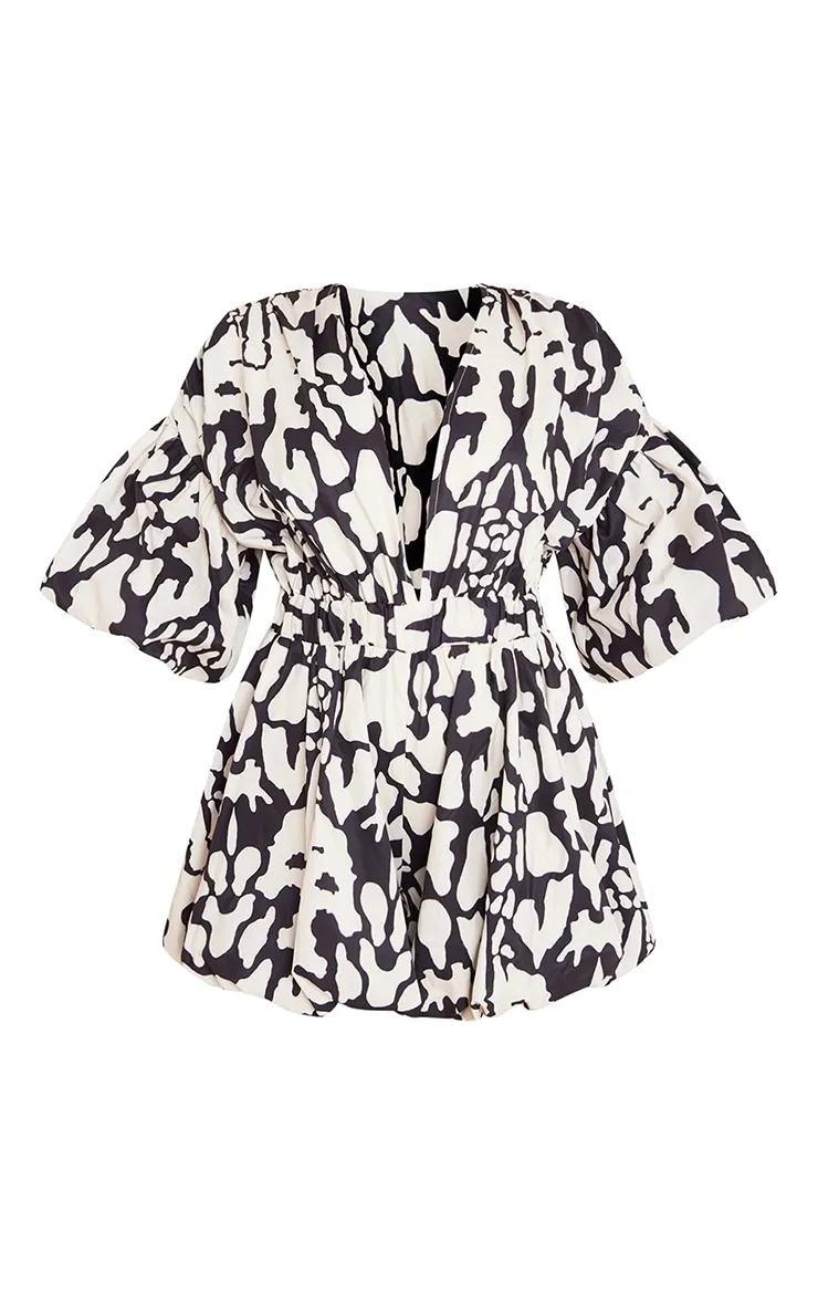 Black Print Plunge Puffball Hem Playsuit