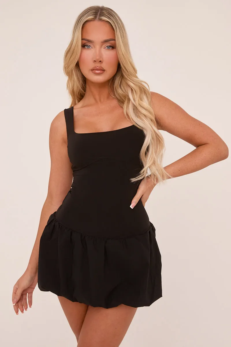 Black Scoop Neck Puffball Mini Dress - Alyssa