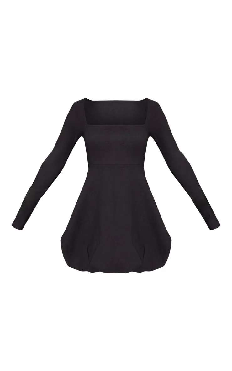 Black Stretch Long Sleeve Puffball Shift Dress