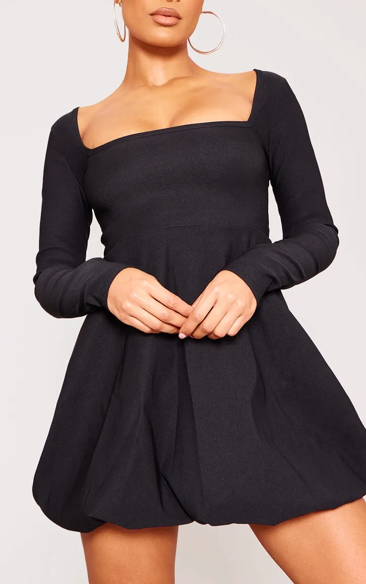 Black Stretch Long Sleeve Puffball Shift Dress