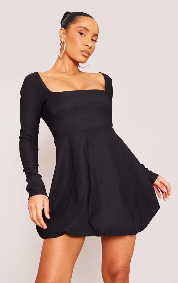 Black Stretch Long Sleeve Puffball Shift Dress