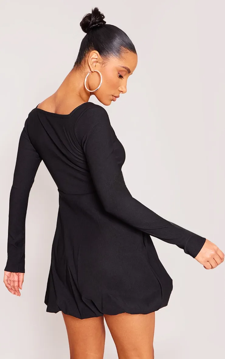 Black Stretch Long Sleeve Puffball Shift Dress