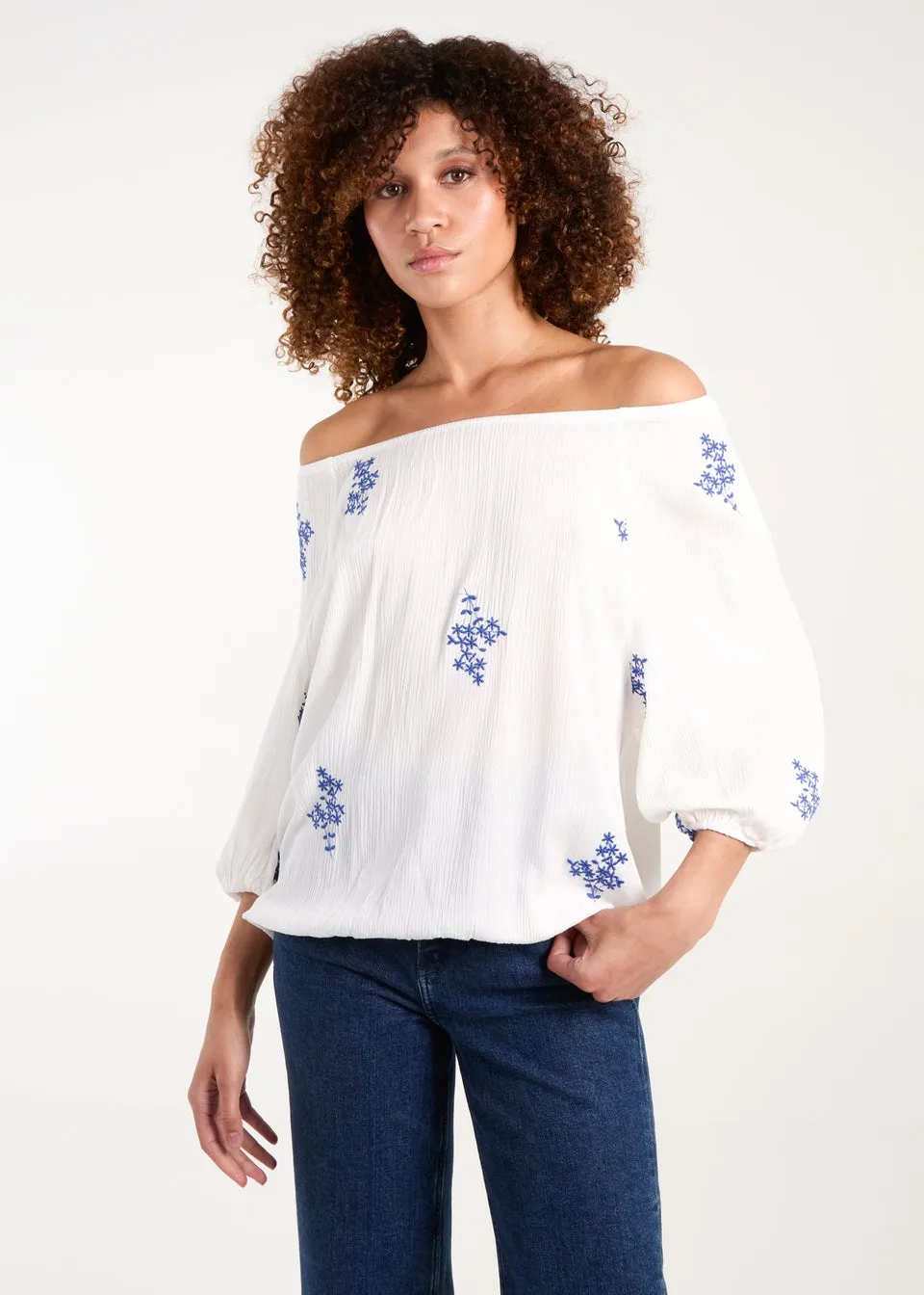 Blue Vanilla White Embroidered Puffball Top