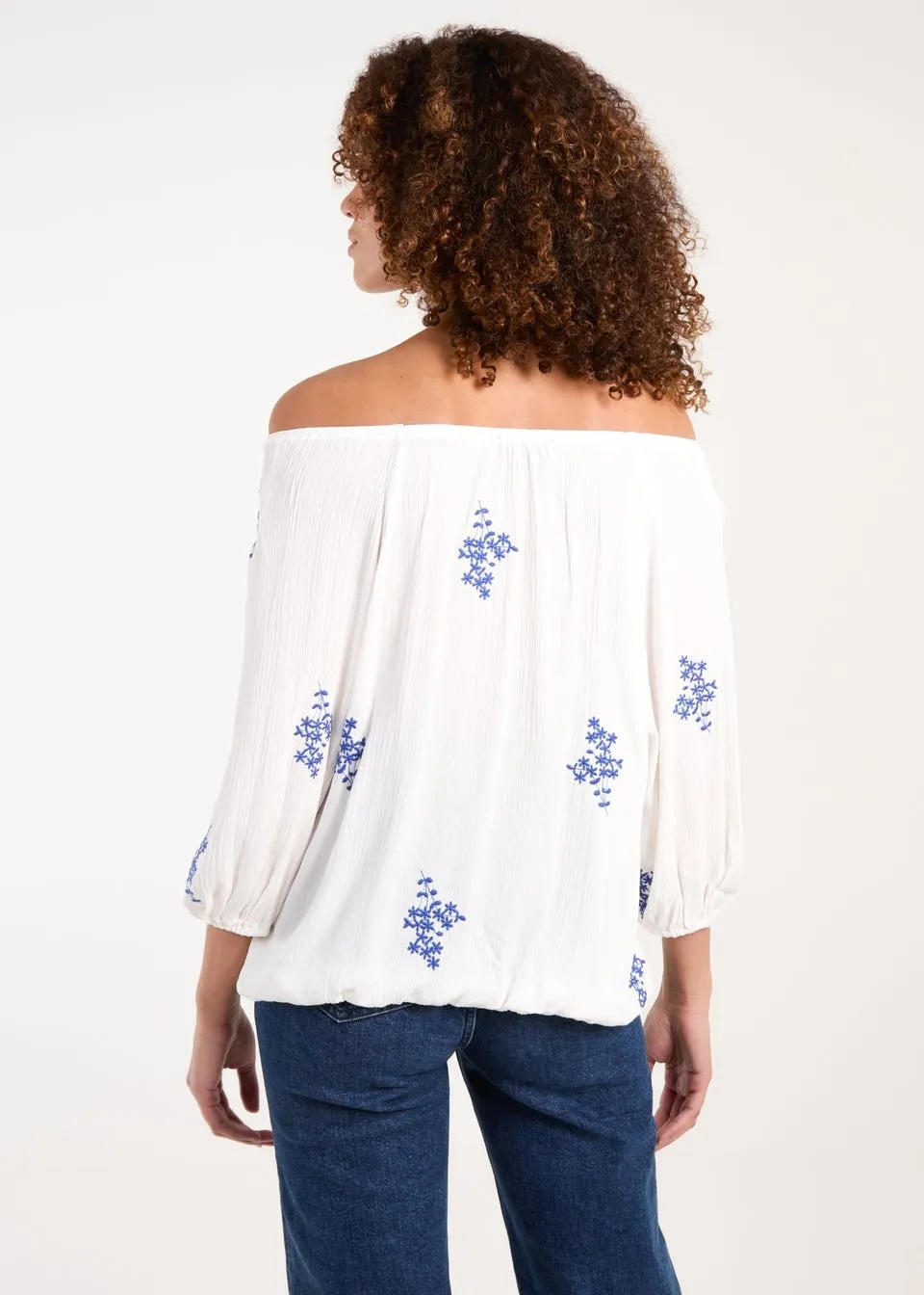 Blue Vanilla White Embroidered Puffball Top