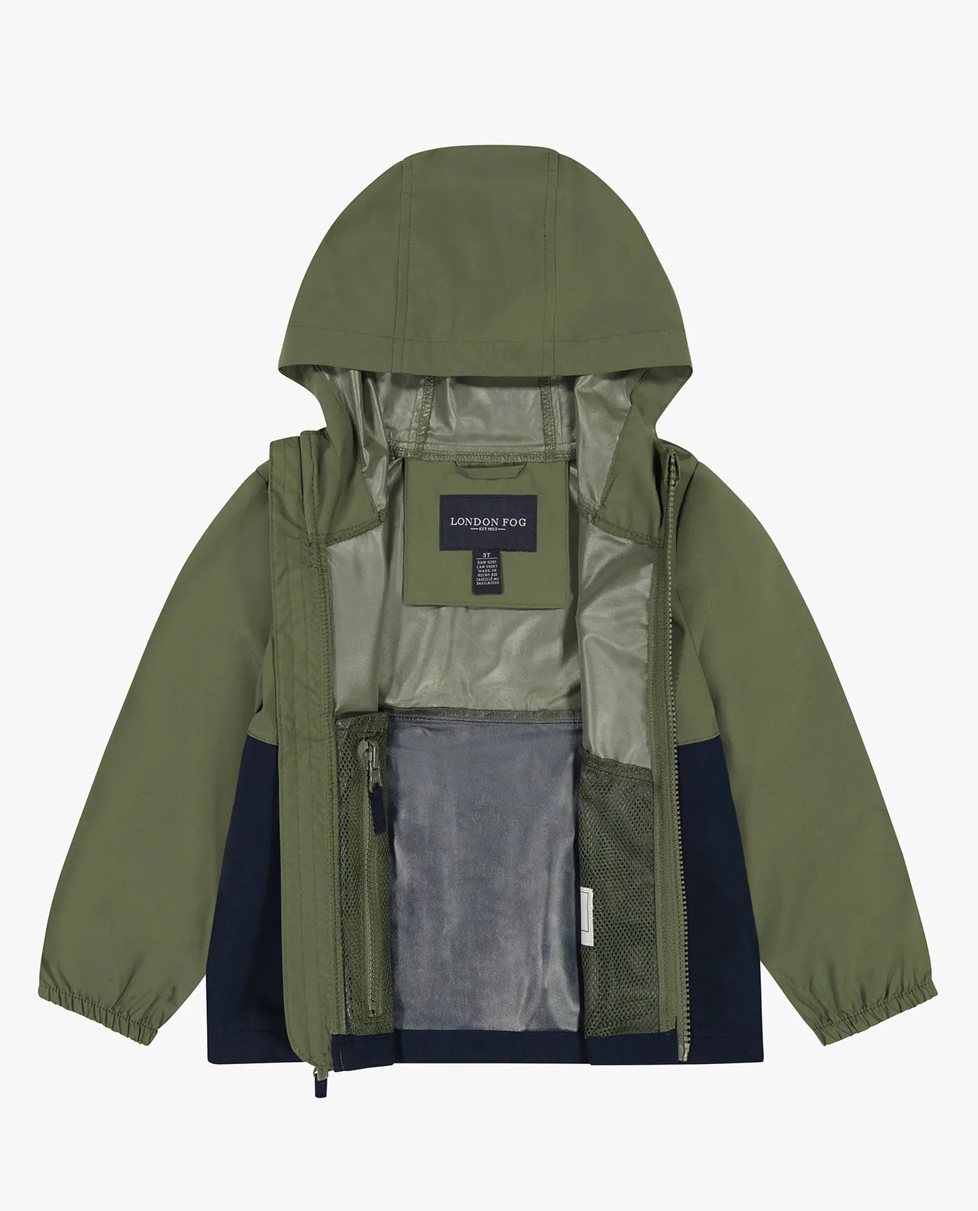 BOYS ZIP FRONT HOODED TWO-TONE RAINCOAT