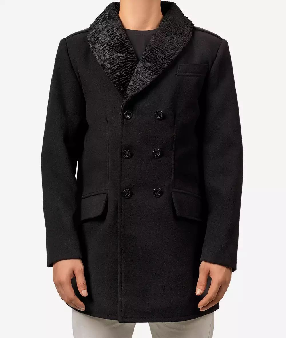 Brewer Mens Fur Collar Black Double Breasted Wool Peacoat