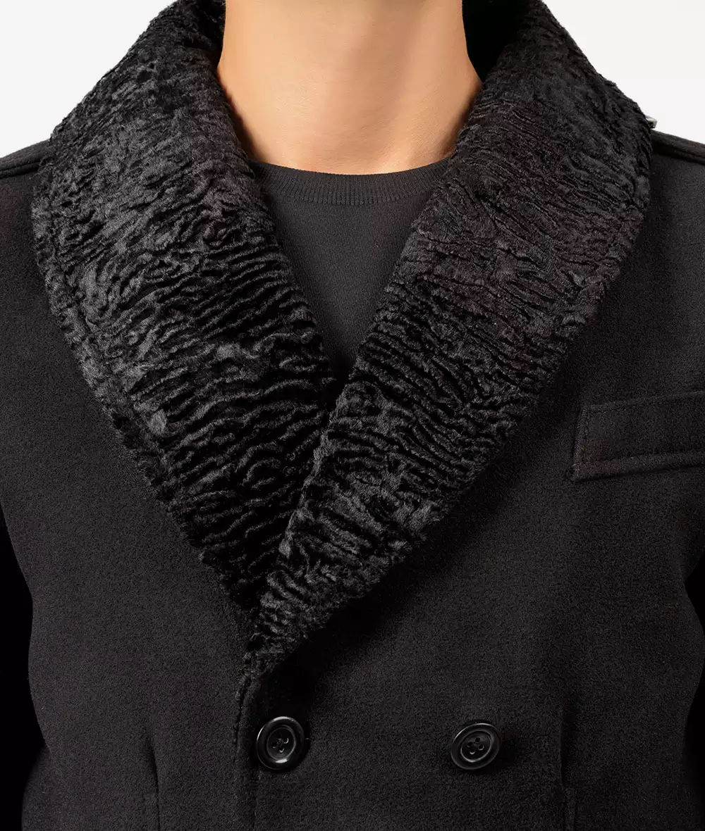 Brewer Mens Fur Collar Black Double Breasted Wool Peacoat