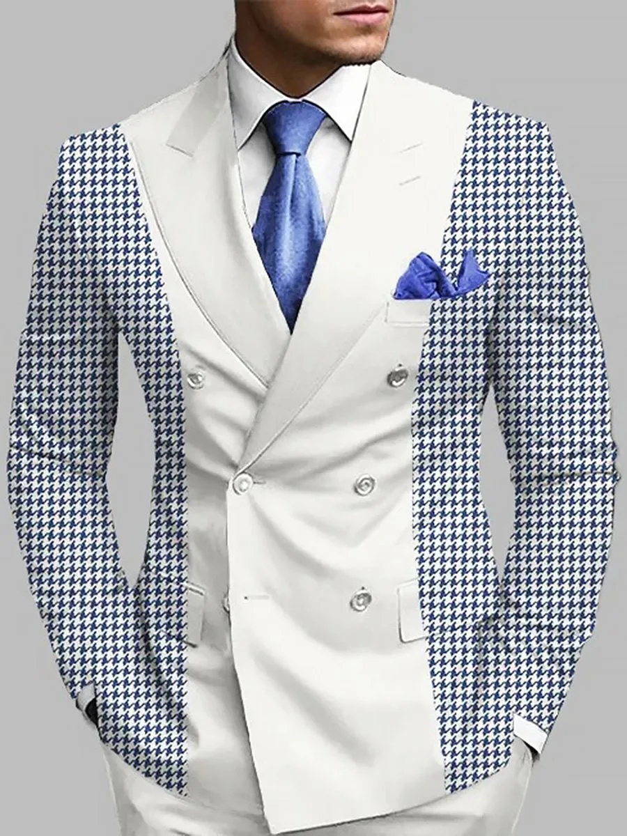 Business Peaked Lapel Double Breasted Houndstooth Patchwork Blazer