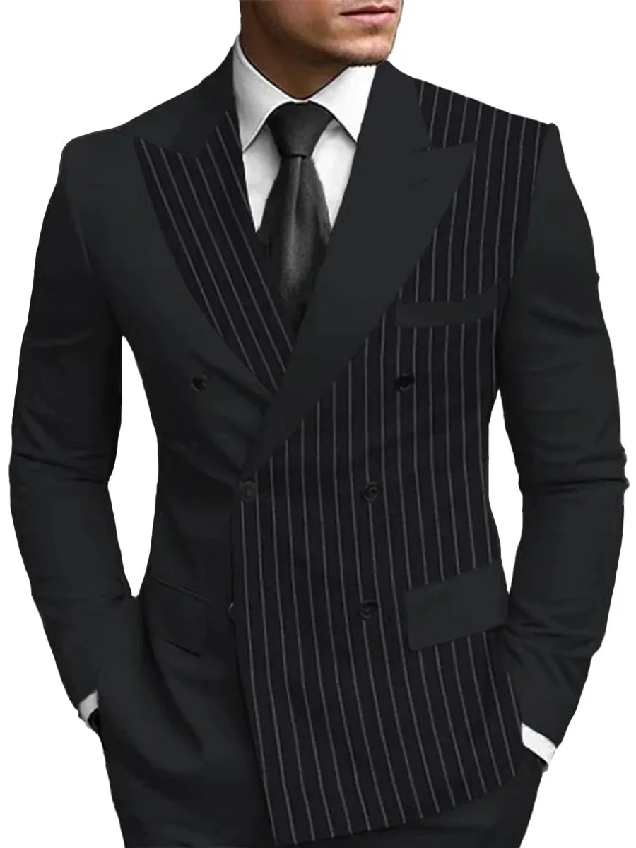 Business Stripes Patchwork Peaked Lapel Double Breasted Blazer