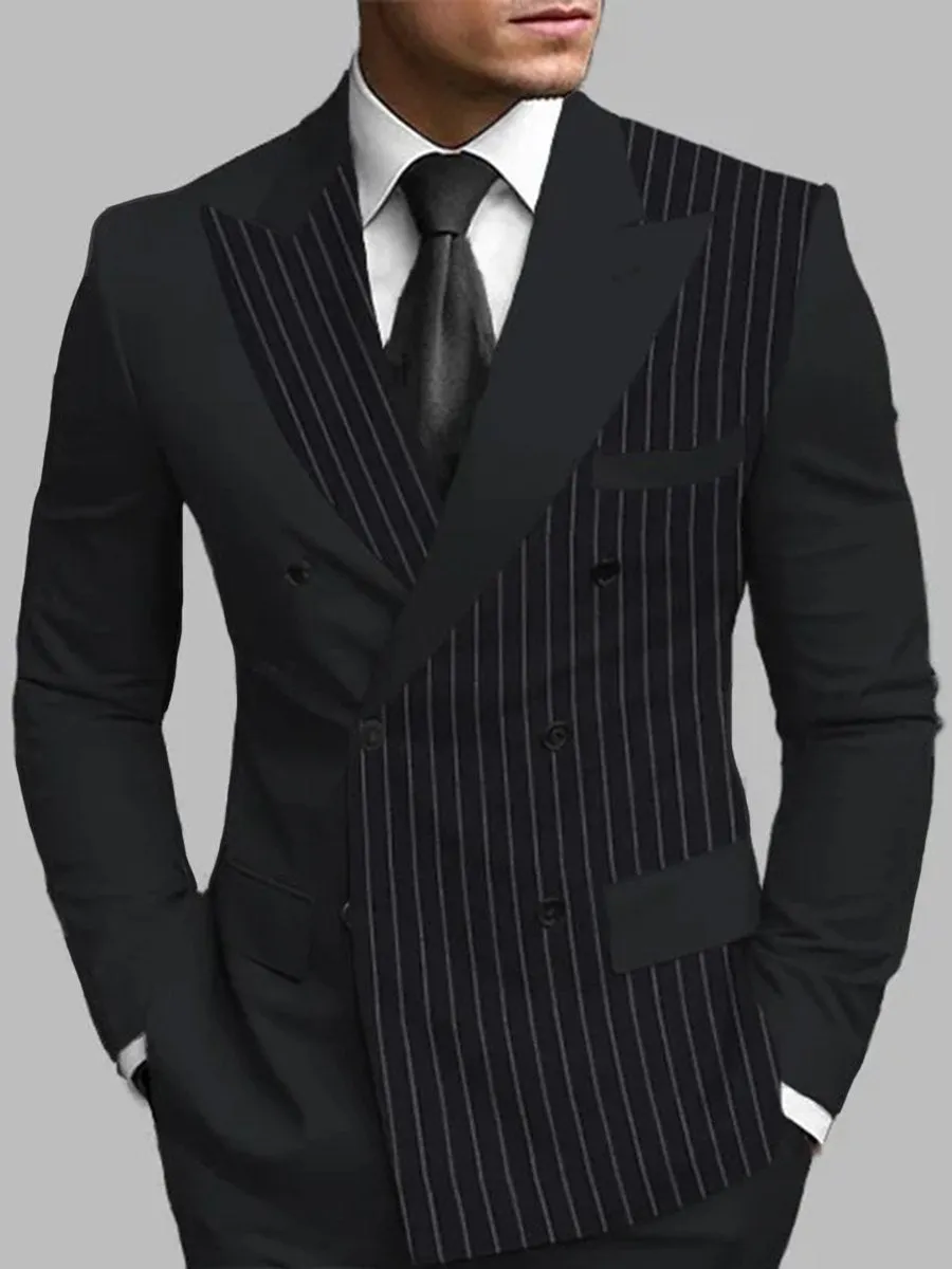 Business Stripes Patchwork Peaked Lapel Double Breasted Blazer