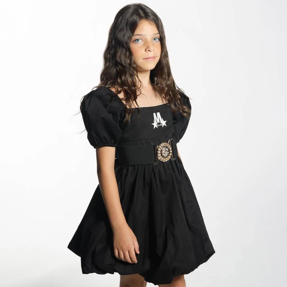 Girls Black Cotton Puffball Dress