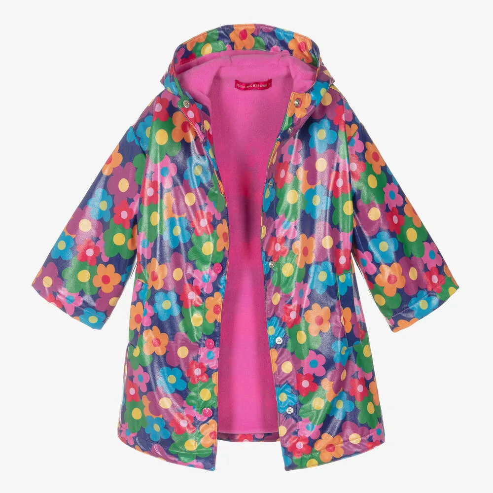 Girls Blue Floral Print Raincoat