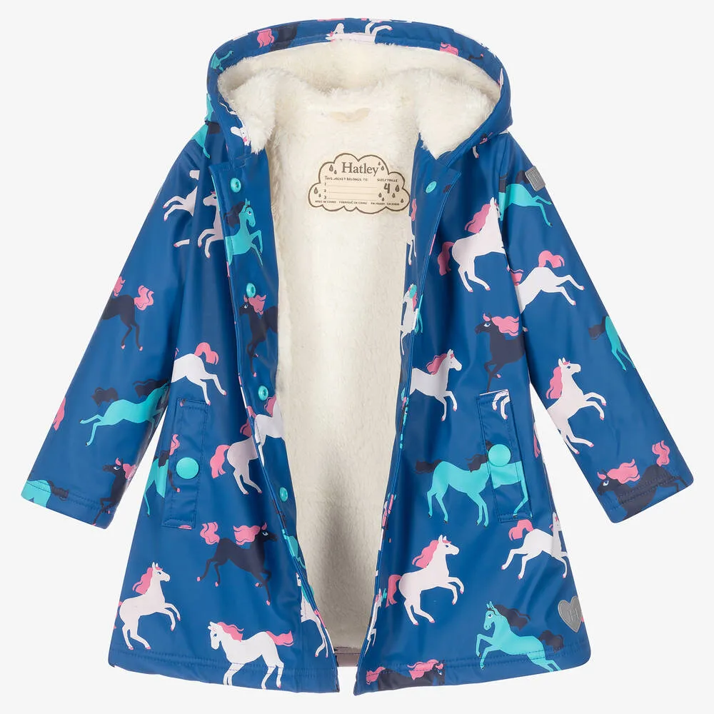 Girls Blue Horses Raincoat