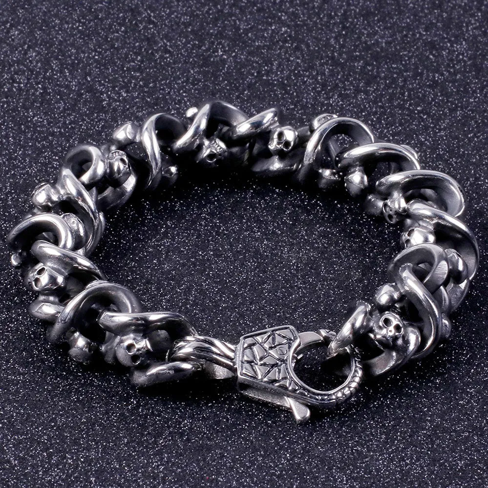 Heavy Stainless Steel Link Chain Skull Bracelet