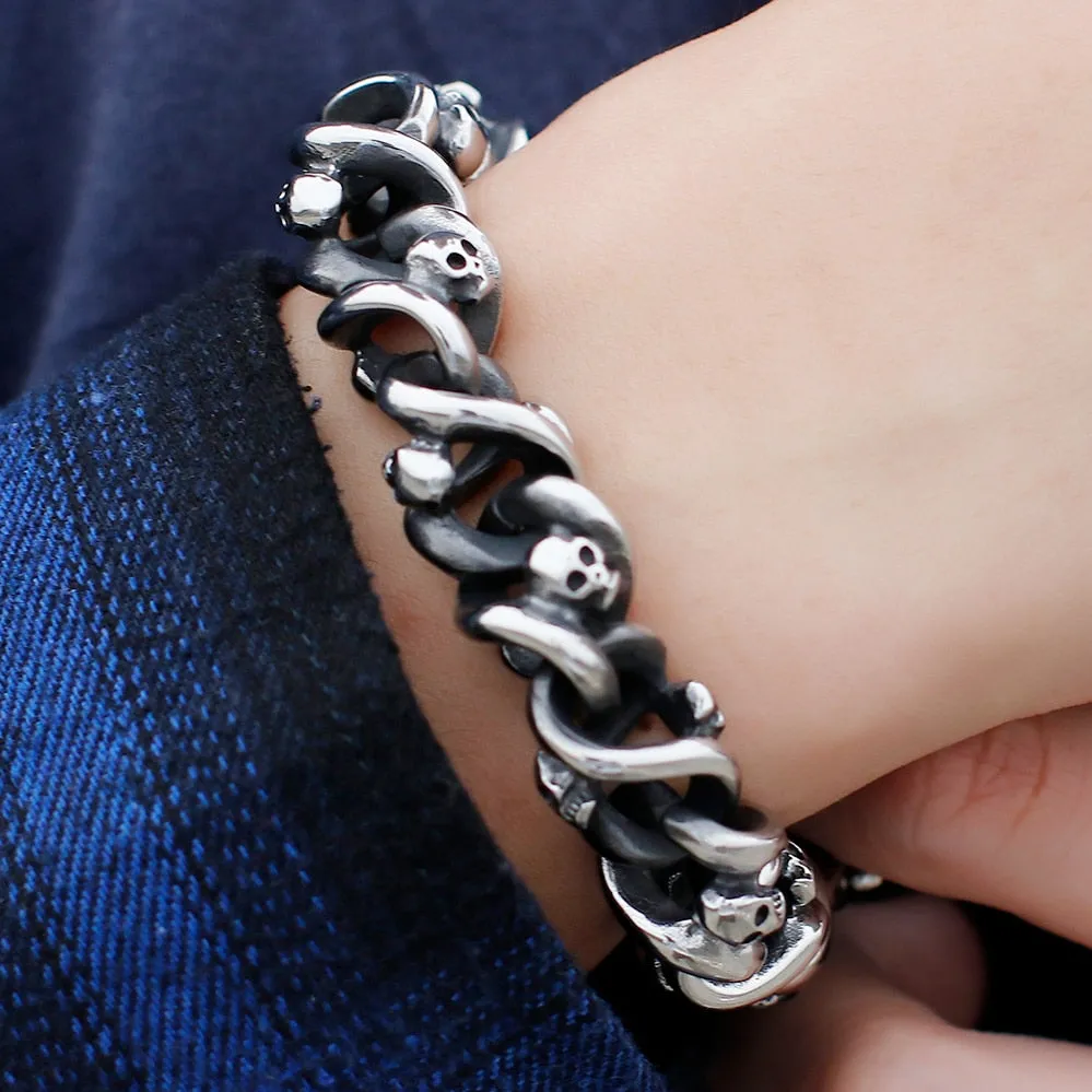 Heavy Stainless Steel Link Chain Skull Bracelet