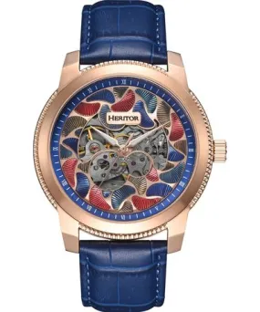 Heritor Automatic Men's Blue / Rose Gold Emmanuel Semi-Skeleton Leather-Band Watch