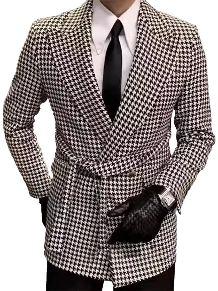 Houndstooth Pattern Peaked Lapel Double-breasted Belt Blazer