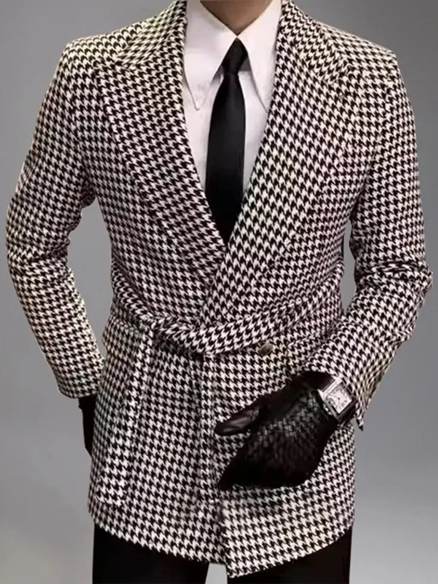 Houndstooth Pattern Peaked Lapel Double-breasted Belt Blazer