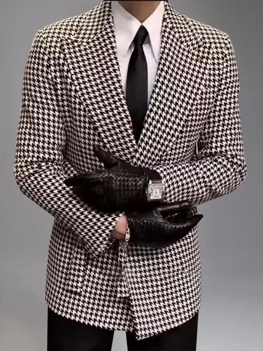 Houndstooth Pattern Peaked Lapel Double-breasted Belt Blazer