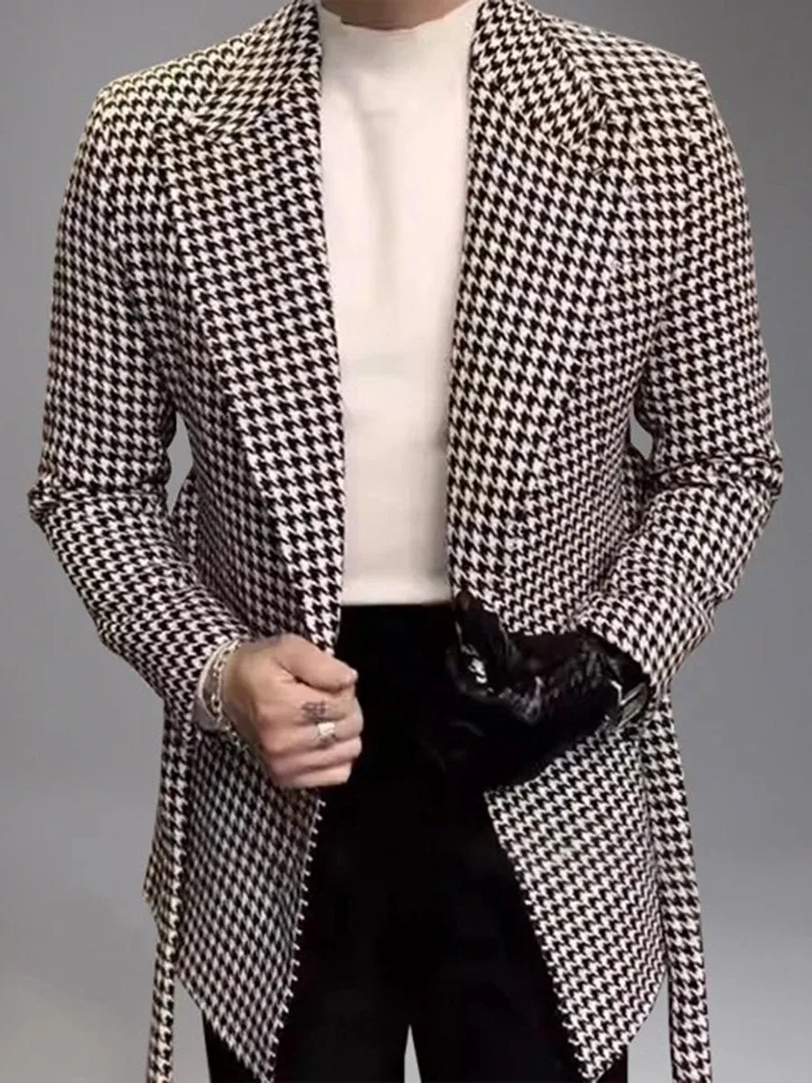 Houndstooth Pattern Peaked Lapel Double-breasted Belt Blazer