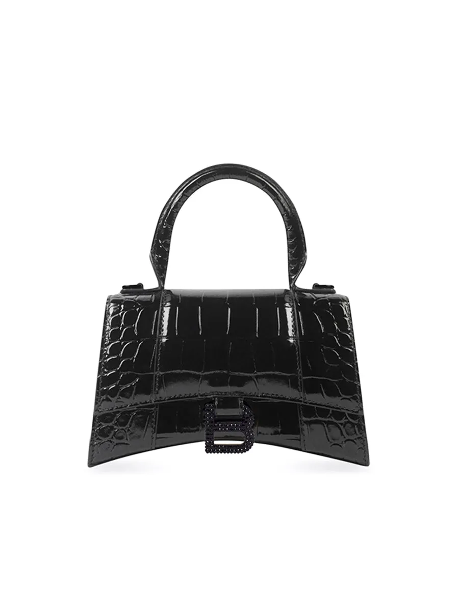 Hourglass XS Handbag Crocodile Embossed With Rhinestones Black