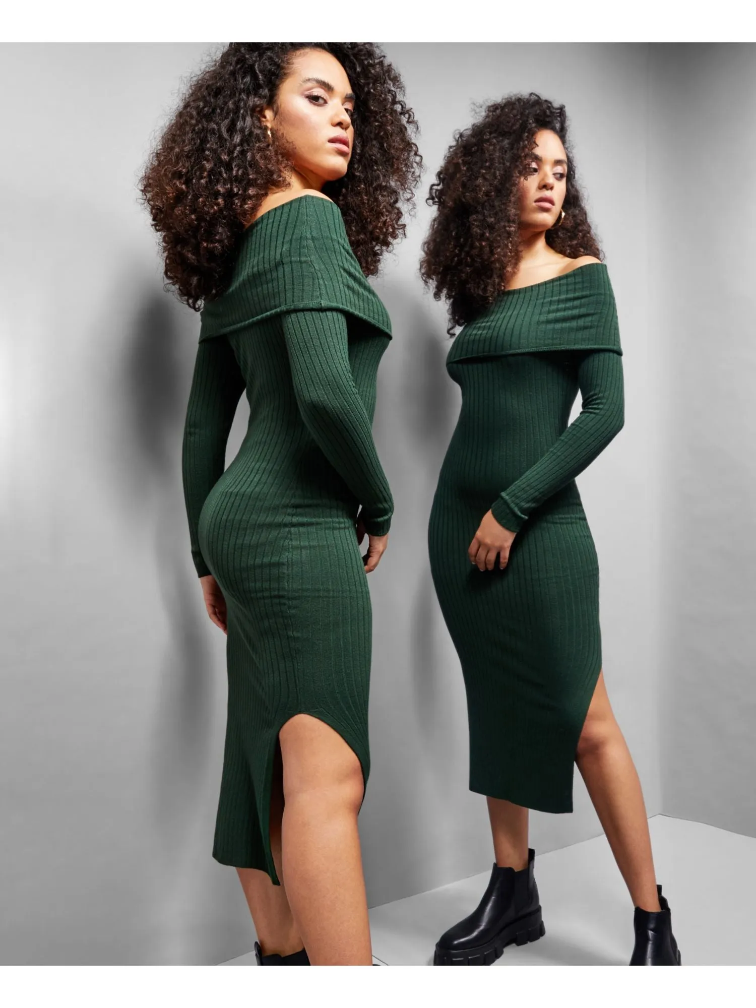 INC Womens Green Stretch Ribbed Slitted Lined Long Sleeve Off Shoulder Midi Body Con Dress