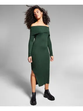 INC Womens Green Stretch Ribbed Slitted Lined Long Sleeve Off Shoulder Midi Body Con Dress