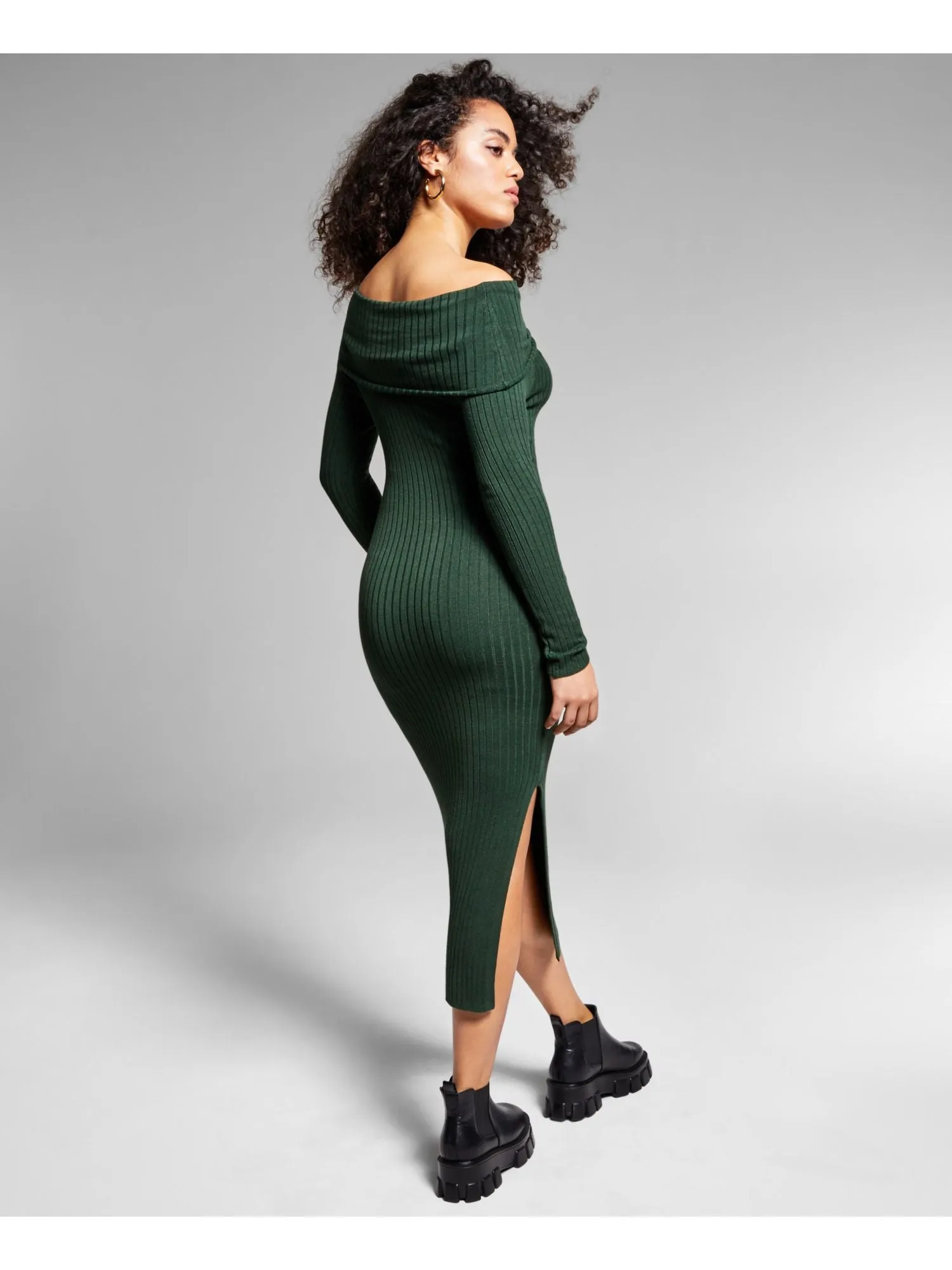 INC Womens Green Stretch Ribbed Slitted Lined Long Sleeve Off Shoulder Midi Body Con Dress