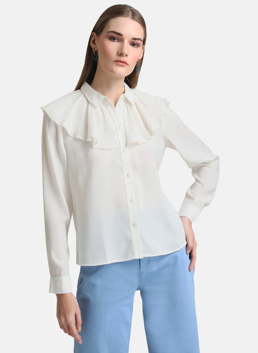 Kazo White Pleated Ruffle Detailed Shirt