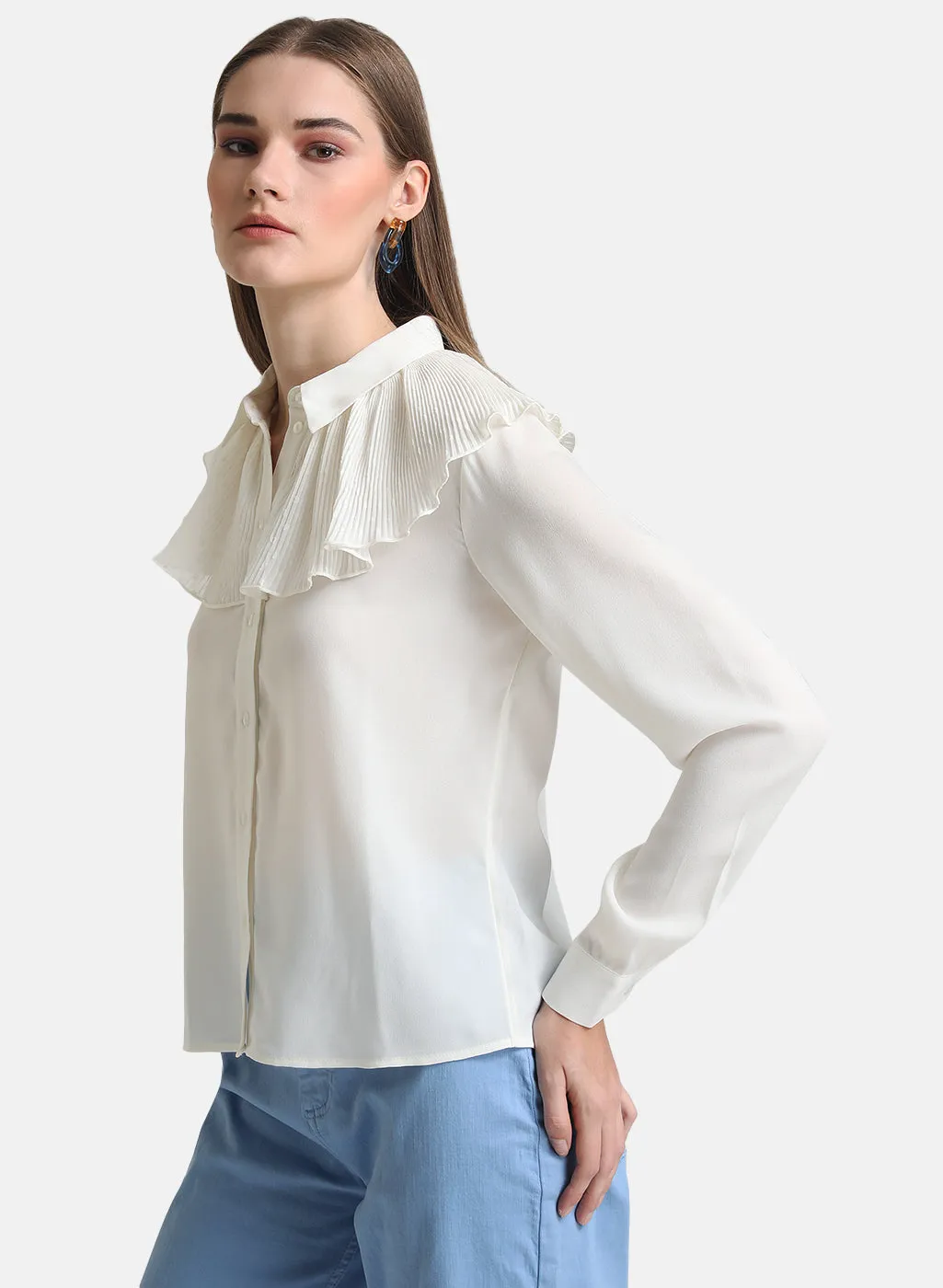 Kazo White Pleated Ruffle Detailed Shirt