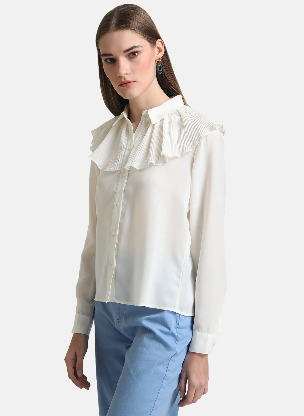 Kazo White Pleated Ruffle Detailed Shirt