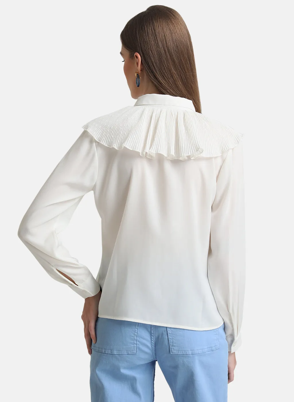 Kazo White Pleated Ruffle Detailed Shirt